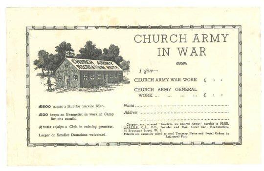 Anglican Church Military Affairs Committee - Church Army in War - Image of a house in black and white, with trees behind. Text in the space around.